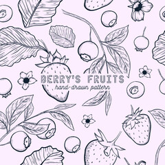 strawberry and blueberry seamless pattern. hand drawn sketch illustration.