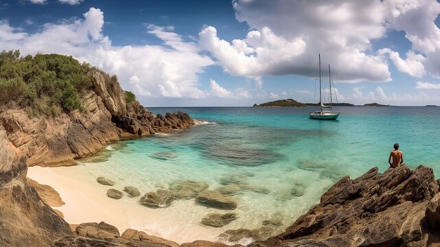 Serene Caribbean Island Beach with Anchored Sailboat and Lone Figure, Generative AI