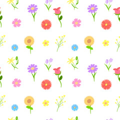 A seamless pattern with colorful flowers on a white background.