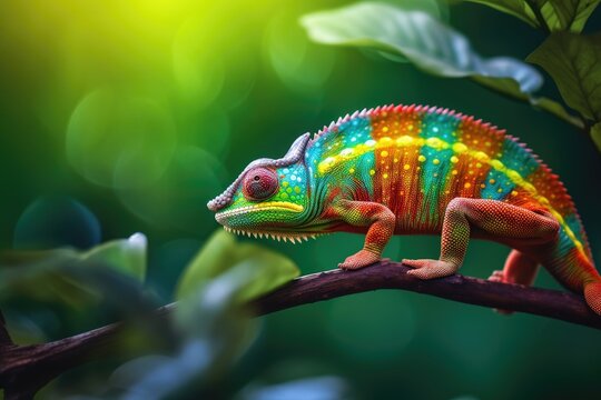 rainbow colored chameleon on a branch of a tree, generative ai