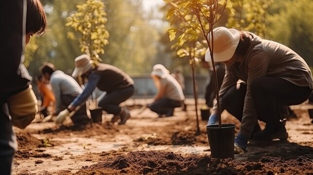 People planting trees working in community garden. Generative AI