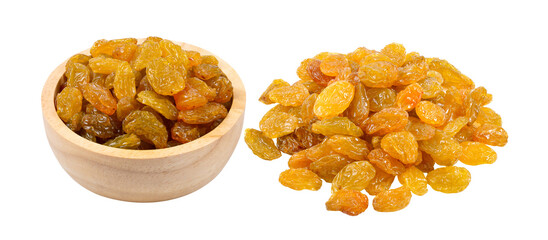 Yellow golden raisins in wood bowl isolated on transparent png