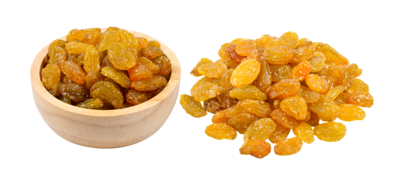 Yellow golden raisins in wood bowl isolated on transparent png