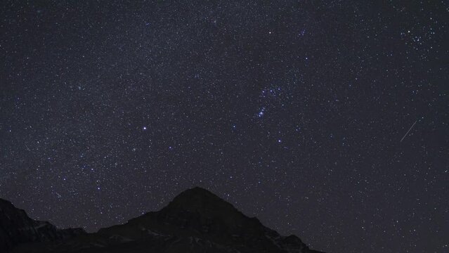 Starry Night sky and moonrise light shining over Himalayan mountains Time lapse. Stars moving over the majestic mountain at Tabo village, Spiti Valley, India. Moonrise on mountain timelapse.