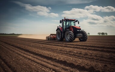 Obraz premium Tractor in field. Generative AI technology.