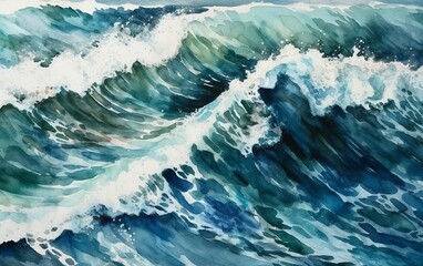 Waves watercolor illustration. Generative AI technology.