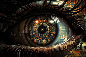 Robot eye with metal gears and springs in iris (Generative AI, Generative, KI) - obrazy, fototapety, plakaty