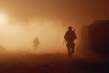 AI generated silhouettes of army soldiers attacking in smoke against sunset marines team in action