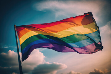 AI generated closeup rainbow flag of LGBT community blowing in wind with big waves