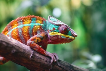 Obraz premium rainbow colored chameleon on a branch of a tree, generative ai