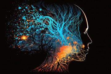 Meditation concept with human head silhouette glowing esoteric neurons in brain AI generated