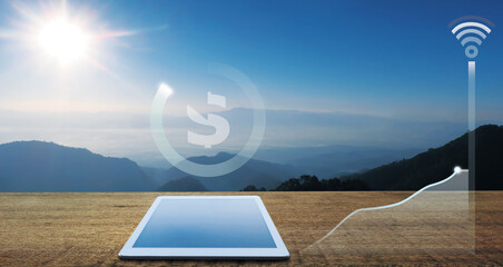 Tablet on outdoor wooden bar with digital net bank pay with wifi online business connection and...