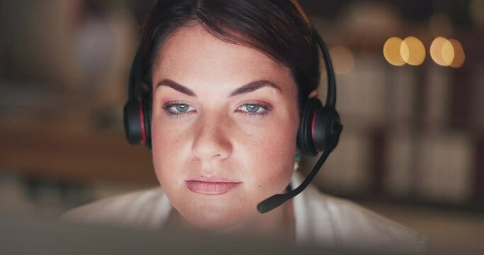 Call center, computer or face of woman reading in telecom, customer services or communications company. Focus, girl or sales agent in microphone headset at crm or technical support office at night