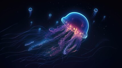 Glowing jellyfish swimming deep in blue sea. Generative AI