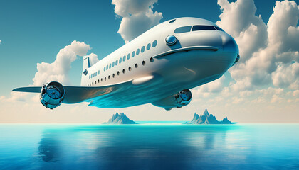 modern jet on top of the ocean with blue sky. Generative AI