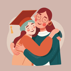 Mother, sister or friend hugging and support graduate with graduate cap on the head. Concept for happy graduation poster or card template design. Flat vector illustration. Generative AI
