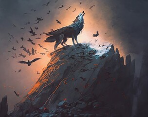 howling wolf on rock with bird flying around, illustration painting, Generative AI