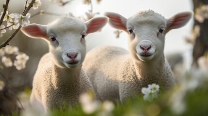 Curious little lambs in spring. Generative AI