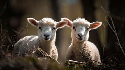 Curious little lambs in spring. Generative AI