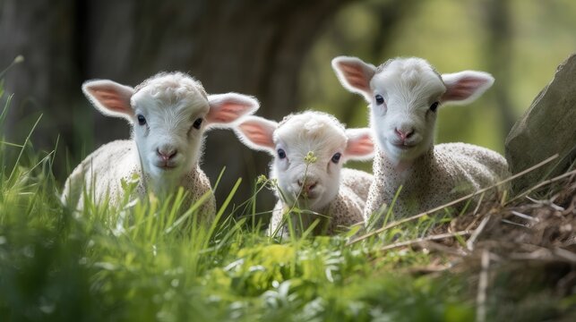 Curious little lambs in spring. Generative AI