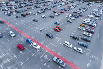 Car parking lot viewed from above, Aerial view. UK. High quality photo