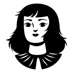 Silhouette monochrome de visage de femme, chevelure et frange, yeux en amande, vecteur modifiable pour création graphique, regard soutenu et yeux en amande, personnage qui observe avec calme