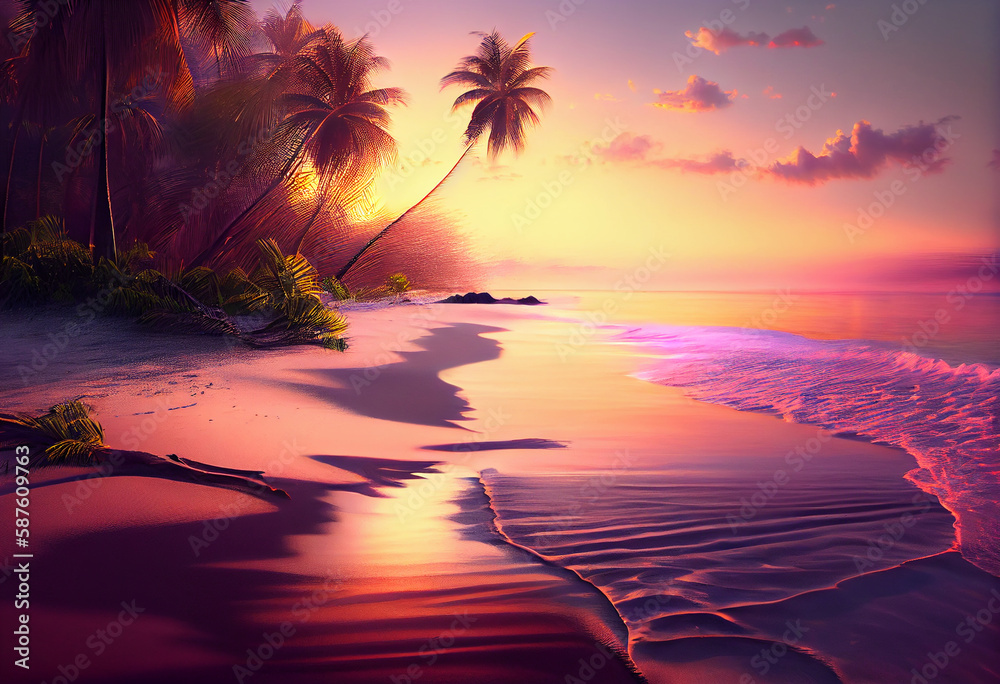 Aufkleber the sky is a beautiful mix of oranges, pinks, and purples, and there are palm trees swaying in the b