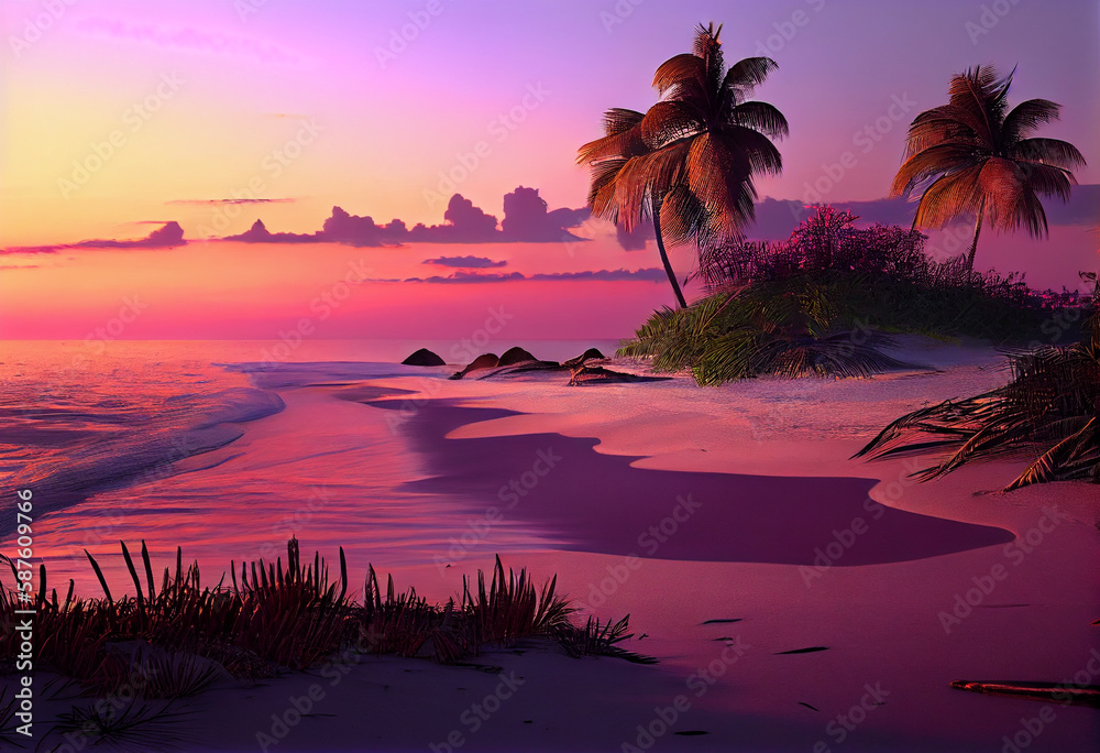 Aufkleber the sky is a beautiful mix of oranges, pinks, and purples, and there are palm trees swaying in the b