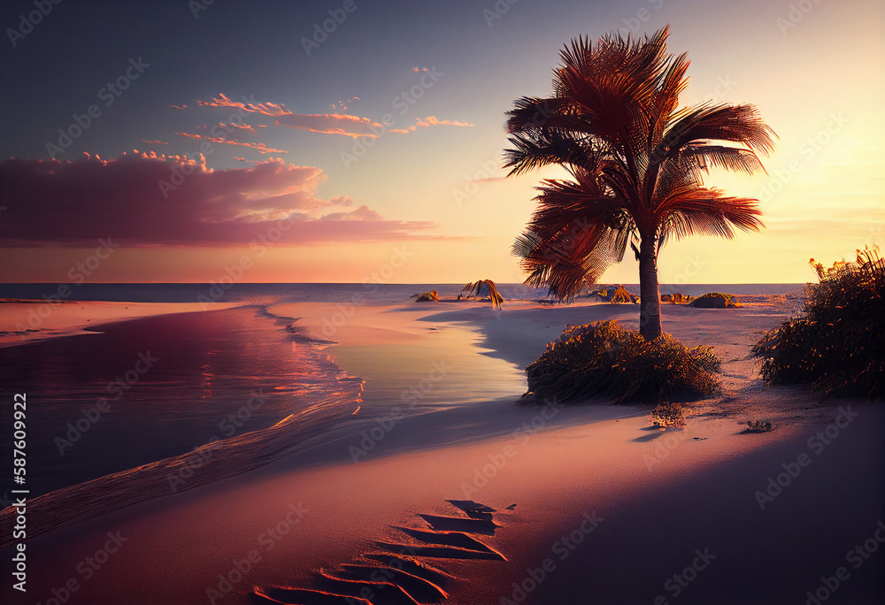 Aufkleber the sky is a beautiful mix of oranges, pinks, and purples, and there are palm trees swaying in the b