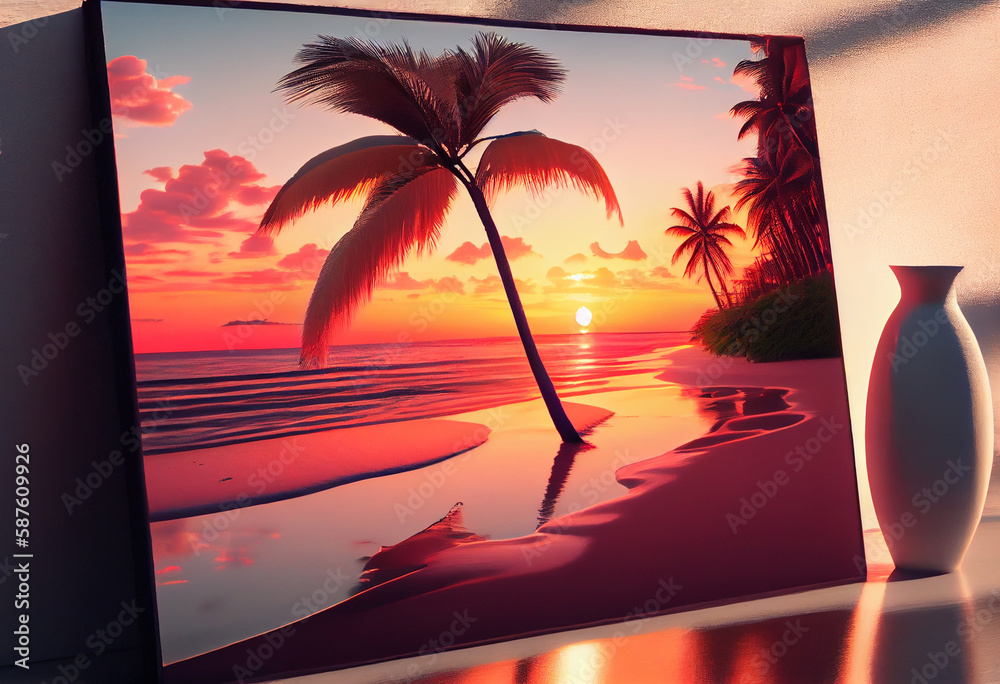 Aufkleber the sky is a beautiful mix of oranges, pinks, and purples, and there are palm trees swaying in the b