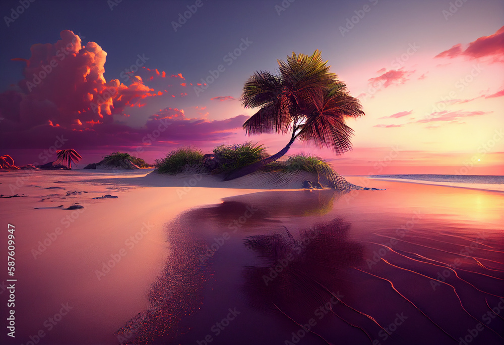 Aufkleber the sky is a beautiful mix of oranges, pinks, and purples, and there are palm trees swaying in the b