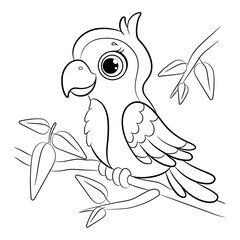 Coloring page little cute parrot sits on a branch. Vector illustration.