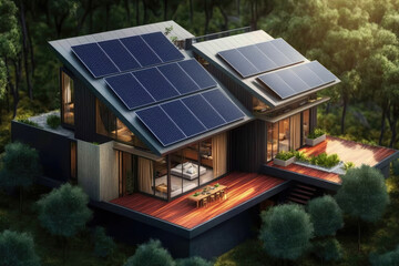 Solar panels on roof of house at architectural background AI generated