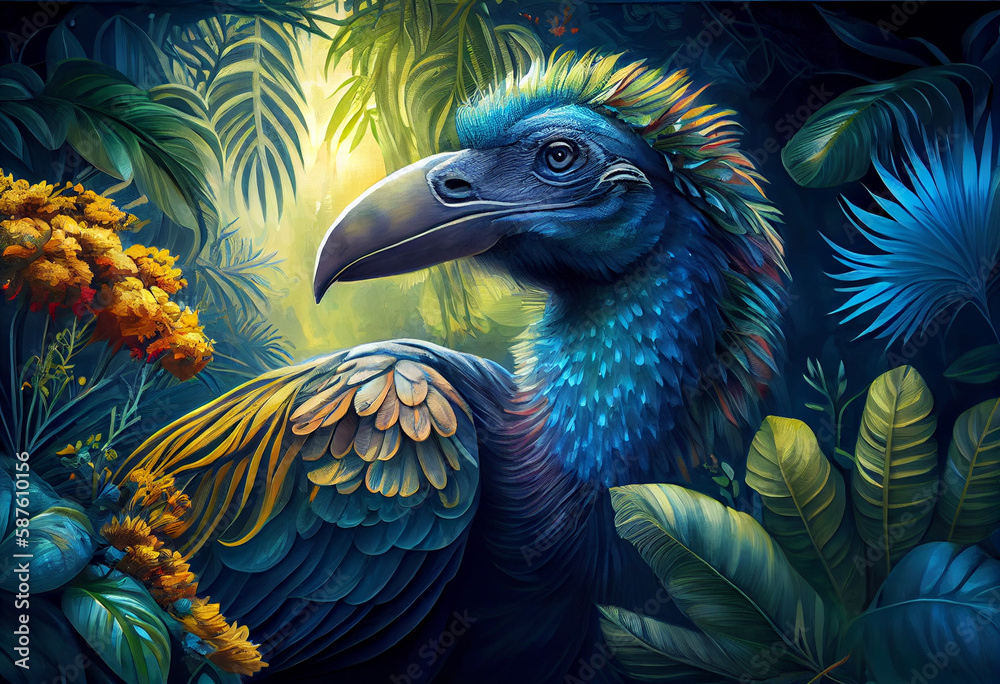 Poster a lush jungle with towering trees and a variety of exotic animals, including a majestic dodo bird. t