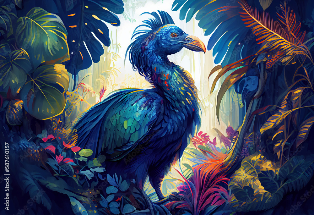 Poster a lush jungle with towering trees and a variety of exotic animals, including a majestic dodo bird. g