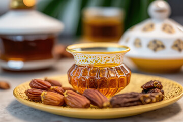 Close up variety of table with arabic food during iftar meal on ramadan AI generated