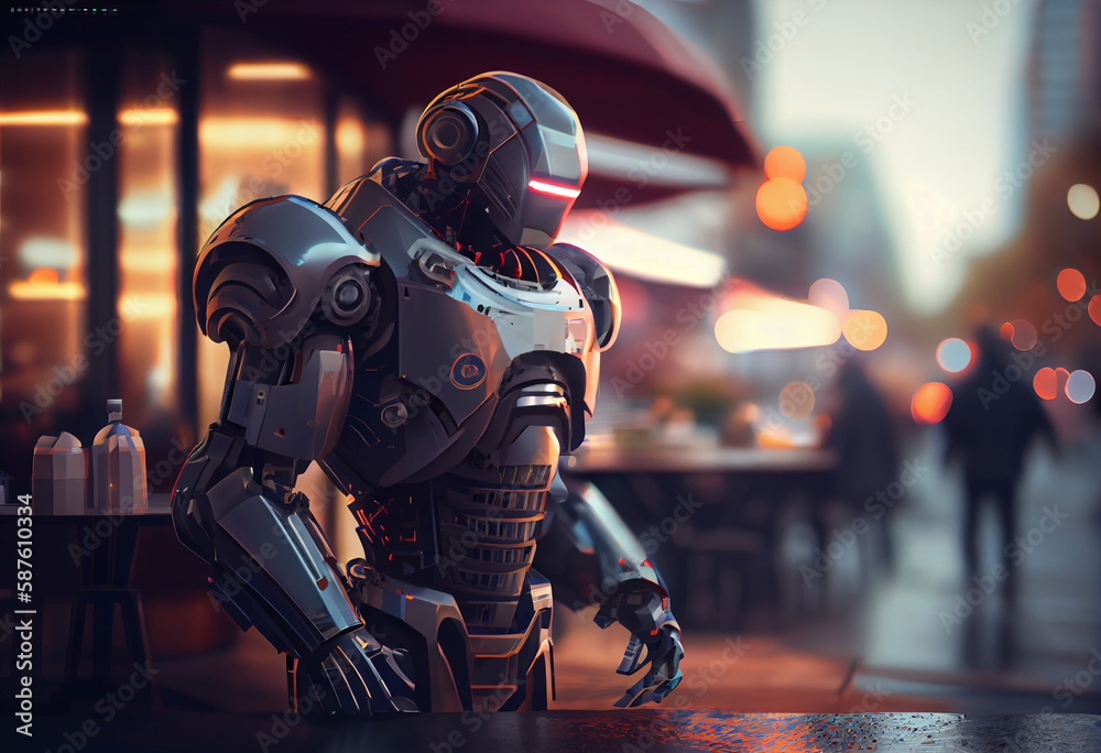 Aufkleber A futuristic city where robots with advanced artificial intelligence serve the human population.  Generative AI technology.