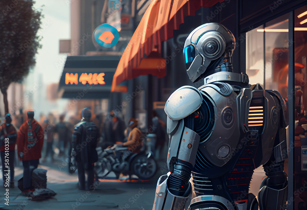 Aufkleber A futuristic city where robots with advanced artificial intelligence serve the human population.  Generative AI technology.