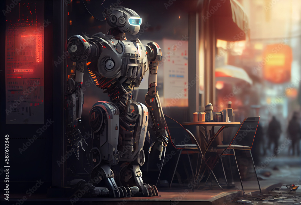 Poster a futuristic city where robots with advanced artificial intelligence serve the human population. gen