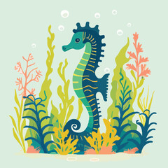Seahorse in seagrass meadow. Underwater fish and sea creatures in natural habitat. Flat vector illustration concept