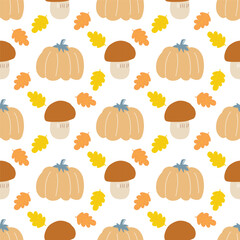 Pumpkin vector pattern. Autumn fall farmhouse seamless background. Thanksgiving yellow pumpkin with forest mushroom