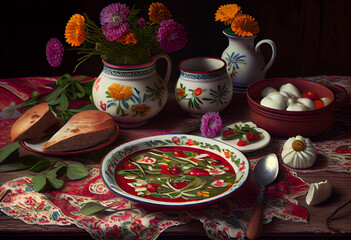 Obraz na płótnie Canvas A still life scene of a Ukrainian table setting, with traditional dishes such as varenyky (dumplings) and borscht (beet soup) served on colorful, hand-painted plates.