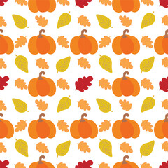 Pumpkin vector pattern. Autumn fall farmhouse seamless background. Thanksgiving yellow pumpkin with orange maple and yellow leaves