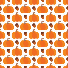 Pumpkin with acorn vector pattern. Autumn fall farmhouse seamless background. Harvest orange pumpkin with leaves