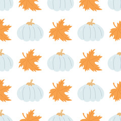 Pumpkin vector pattern. Autumn fall farmhouse seamless background. Thanksgiving white pumpkin with orange maple leaves