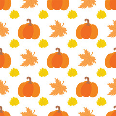 Pumpkin vector pattern. Autumn fall farmhouse seamless background. Thanksgiving yellow pumpkin with orange maple and yellow leaves