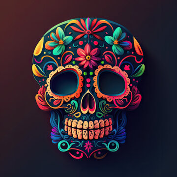 Sugar Skull, day of the dead, mexico, bright colors by generative ai