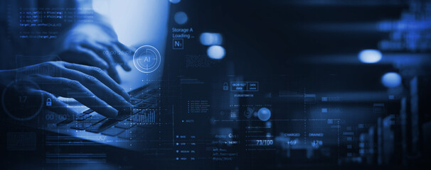 Data science, digital technology, big data management concept. Computer programming coding, networking on laptop with AI Artificial Intelligence, cloud computing, network security