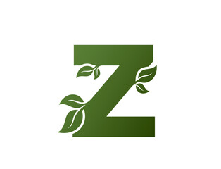 green lowercase letter z with leaves icon. nature, eco and environment alphabet design element
