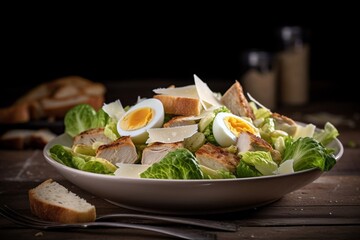 salad with slice chicken and egg served on a plate